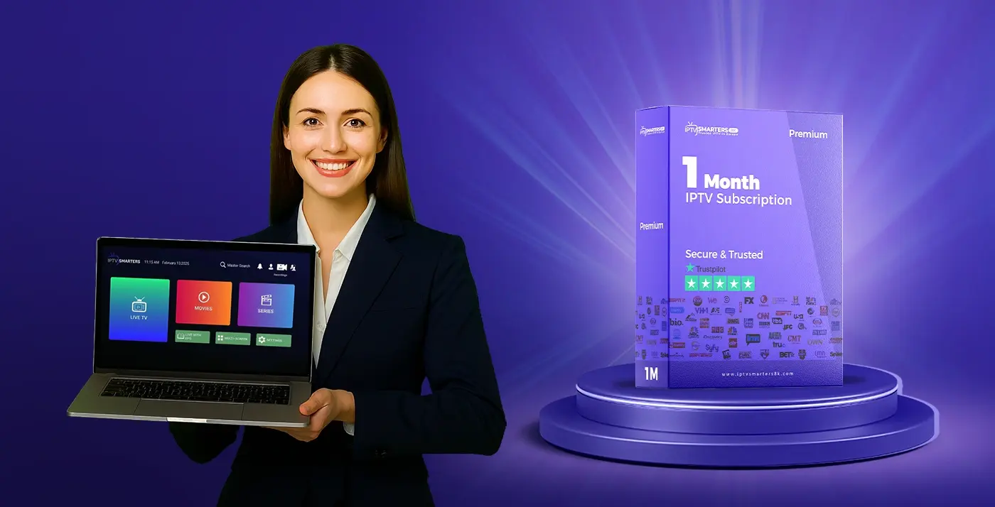 Best IPTV Subscription 1 Month – IPTV Smarters 8K Premium Box with Woman Showing IPTV App 4K